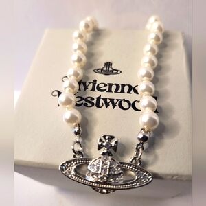 Vivienne Westwood Pearl Choker Silver Crystal Orb Cross Necklace